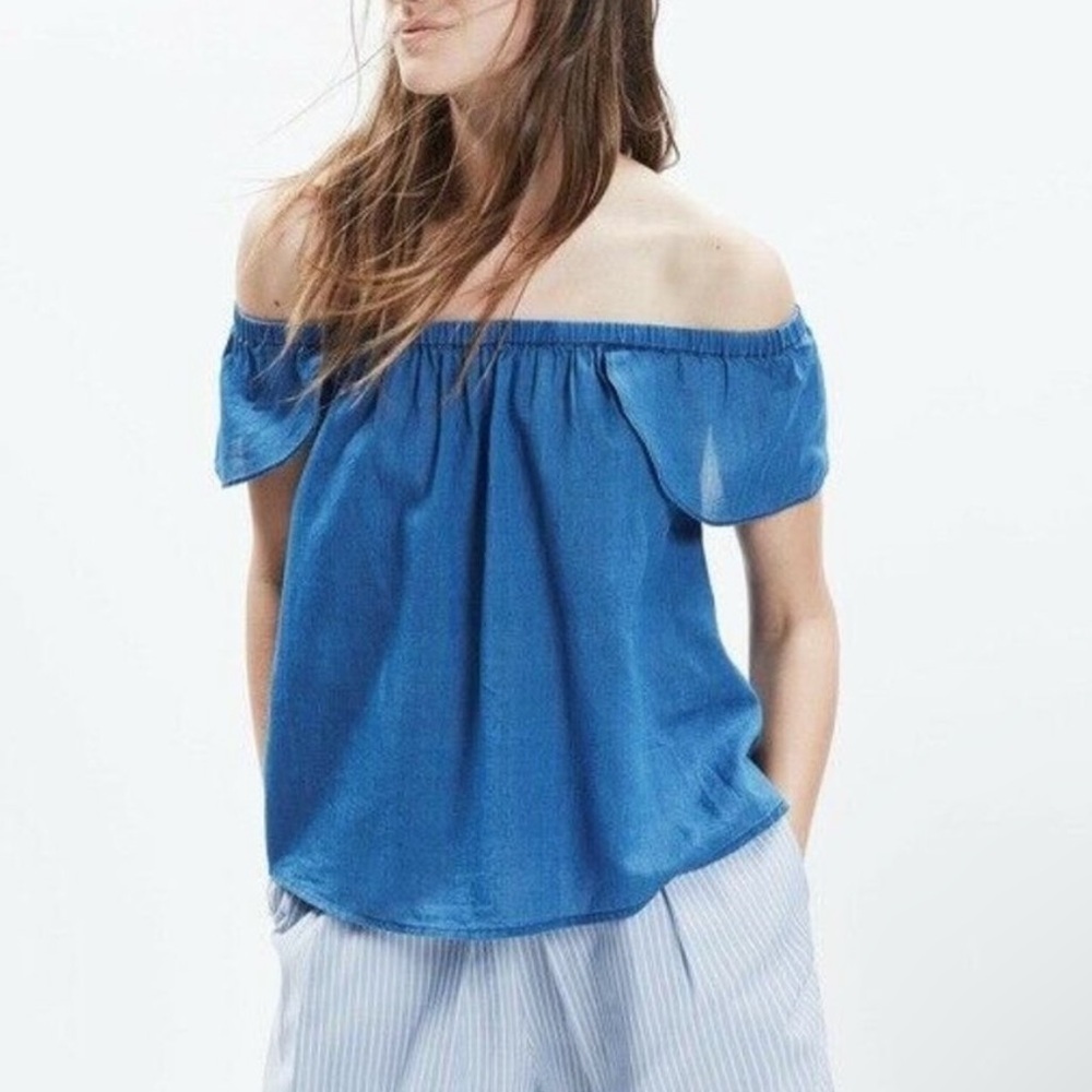 Madewell Indigo Cotton Off-the-Shoulder Top Size Large Blue Lightweight Boho